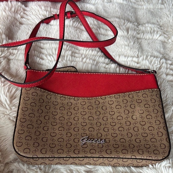 Guess Red And Tan Pebbled Crossbody Bag Silver Jeweled Logo Purse